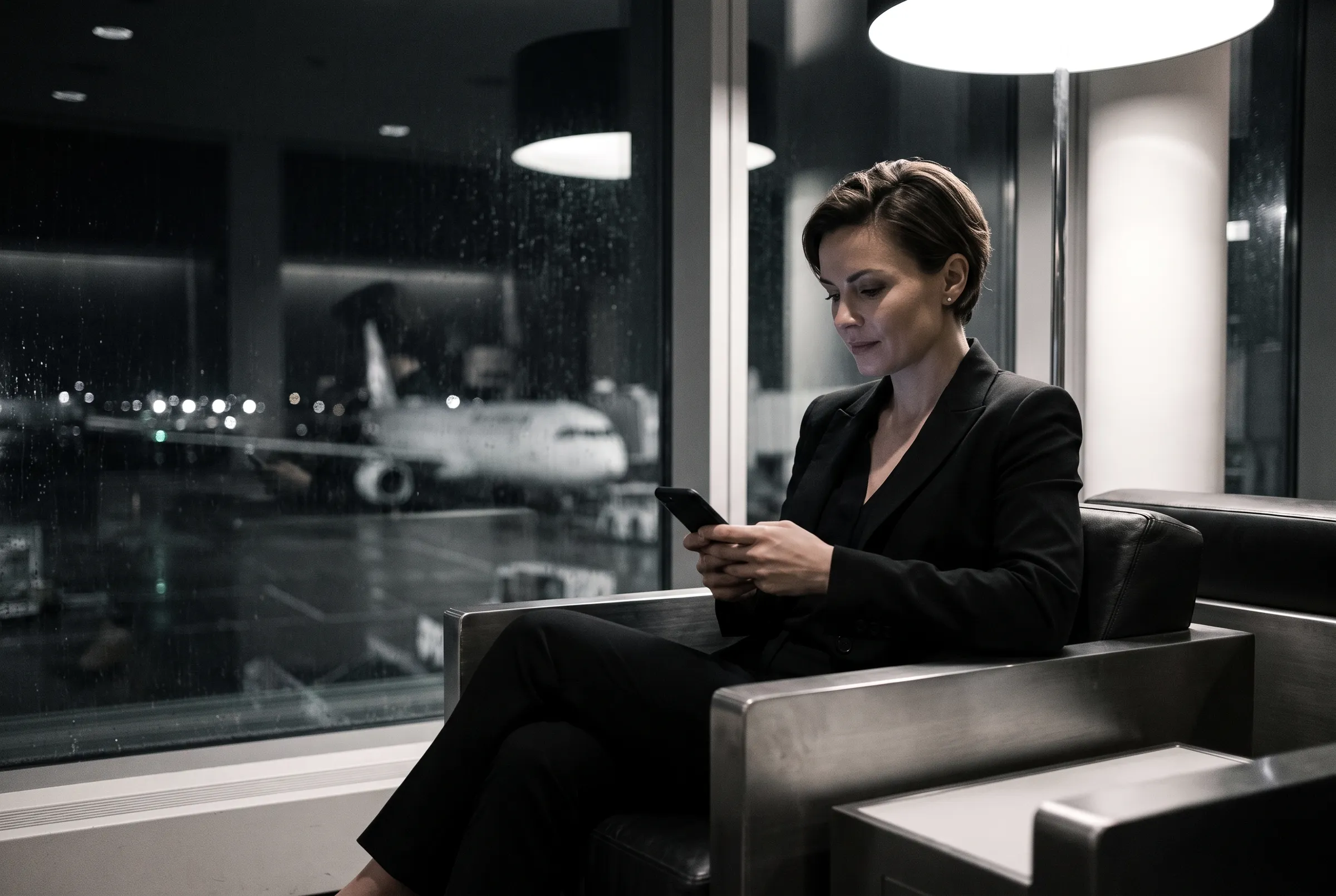 Executiva em sala VIP de aeroporto à noite