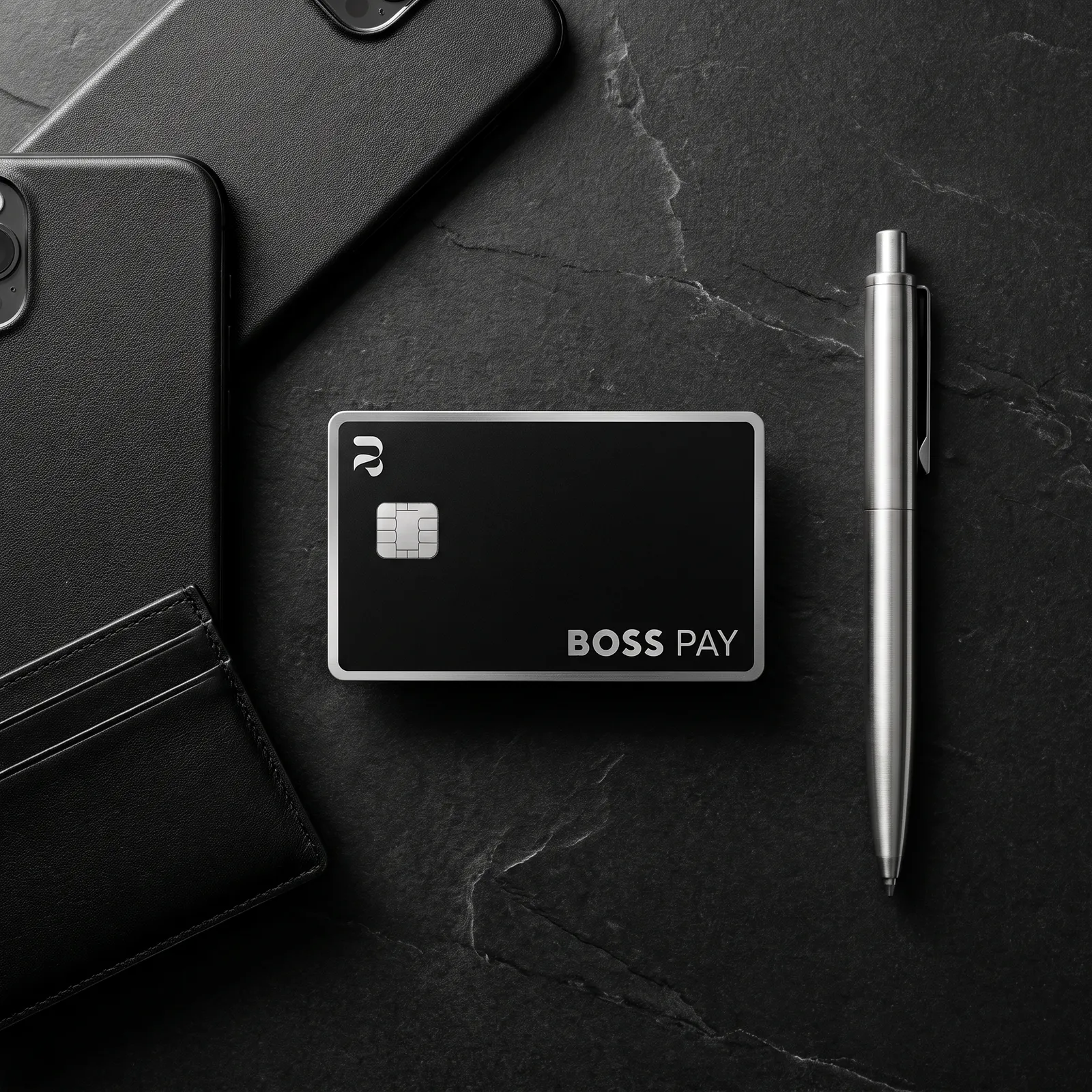 Cartão BOSS Pay sobre pedra escura