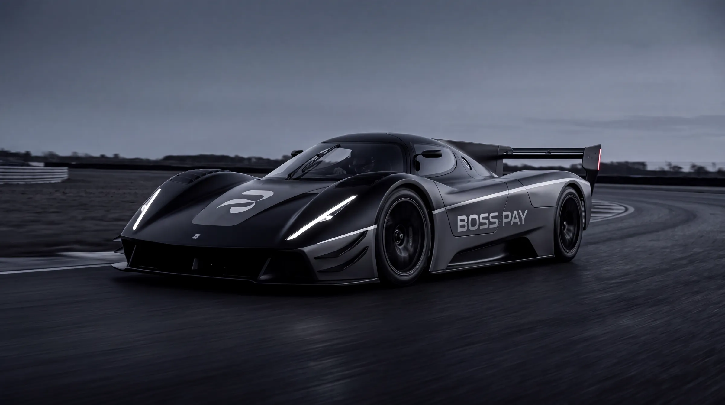 Carro BOSS Pay Racing Concept em curva ao entardecer